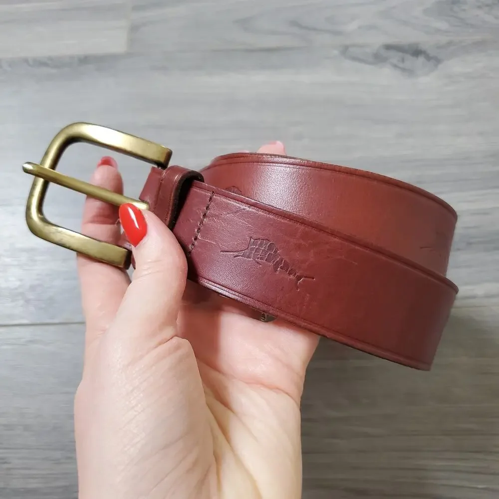 Tommy Bahama Belt Mens 32 Brown Leather Marlin Brass Buckle Genuine Top Grain
